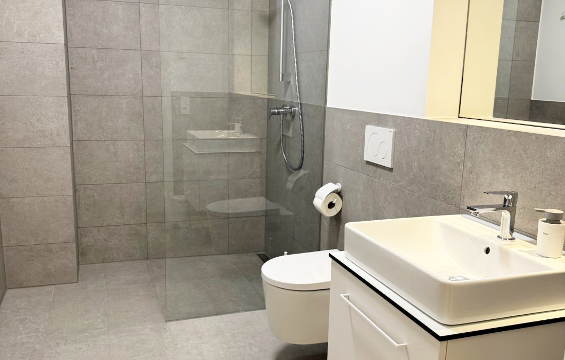 Badezimmer mit bodentiefer Dusche, WC und Waschtisch im Duplex-Apartment 0.2