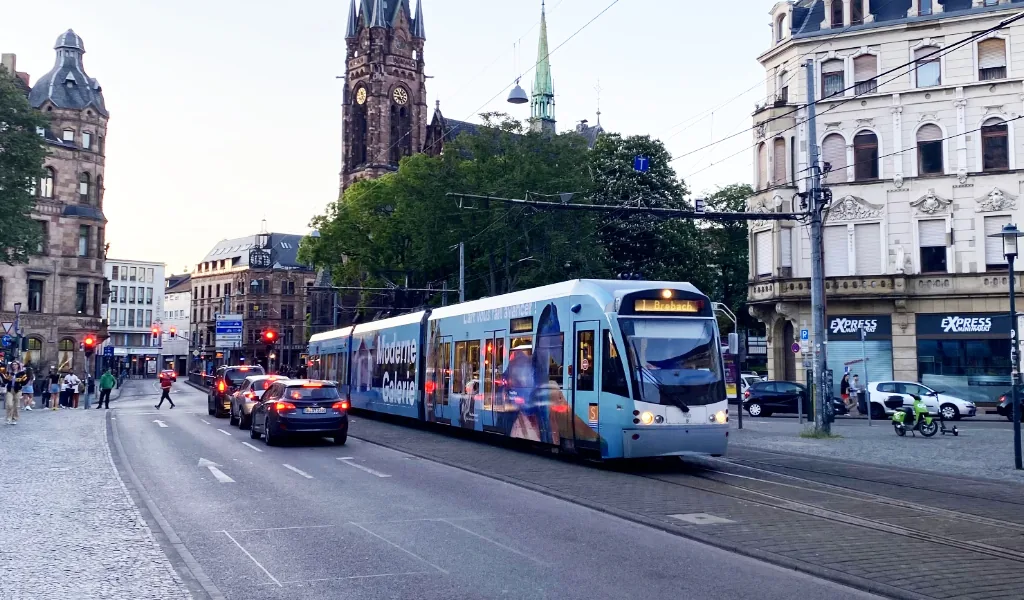 Saarbahn tram in central Saarbrücken, close to the Nauwieser Viertel